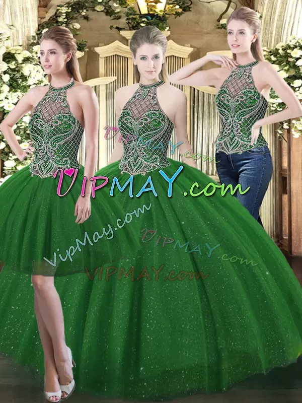 High-neck Sleeveless Quinceanera Dresses Floor Length Beading Dark Green Tulle
