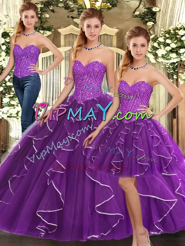 Eggplant Purple Sweetheart Lace Up Beading and Ruffles Quinceanera Gown Sleeveless