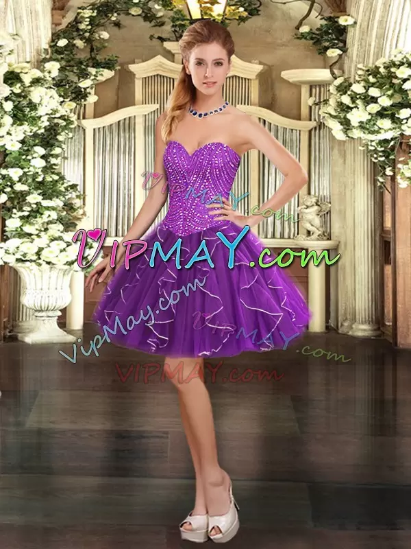 Eggplant Purple Sweetheart Lace Up Beading and Ruffles Quinceanera Gown Sleeveless