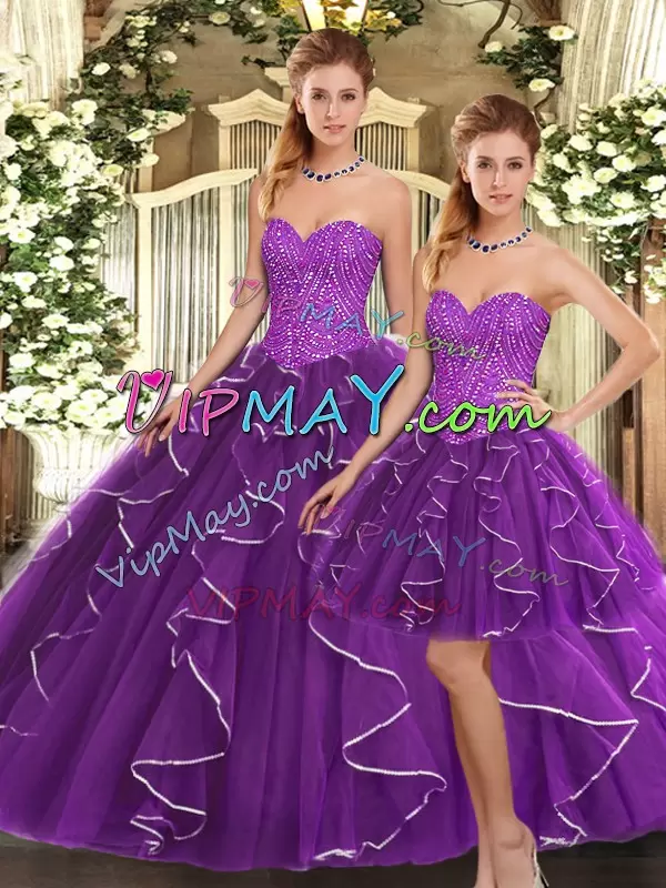 Eggplant Purple Sweetheart Lace Up Beading and Ruffles Quinceanera Gown Sleeveless