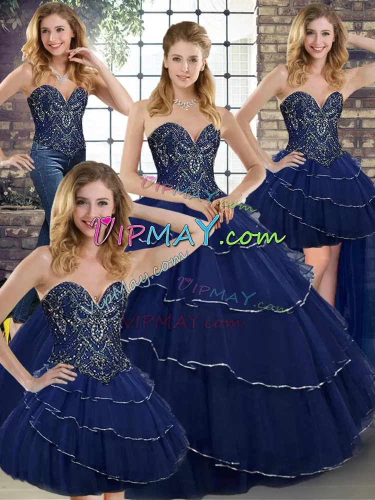 Glorious Sweetheart Sleeveless Tulle Sweet 16 Quinceanera Dress Beading and Ruffled Layers Brush Train Lace Up