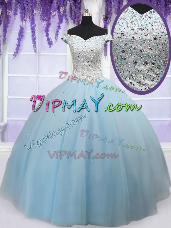 Off The Shoulder Sleeveless Sweet 16 Quinceanera Dress Floor Length Beading Light Blue Tulle