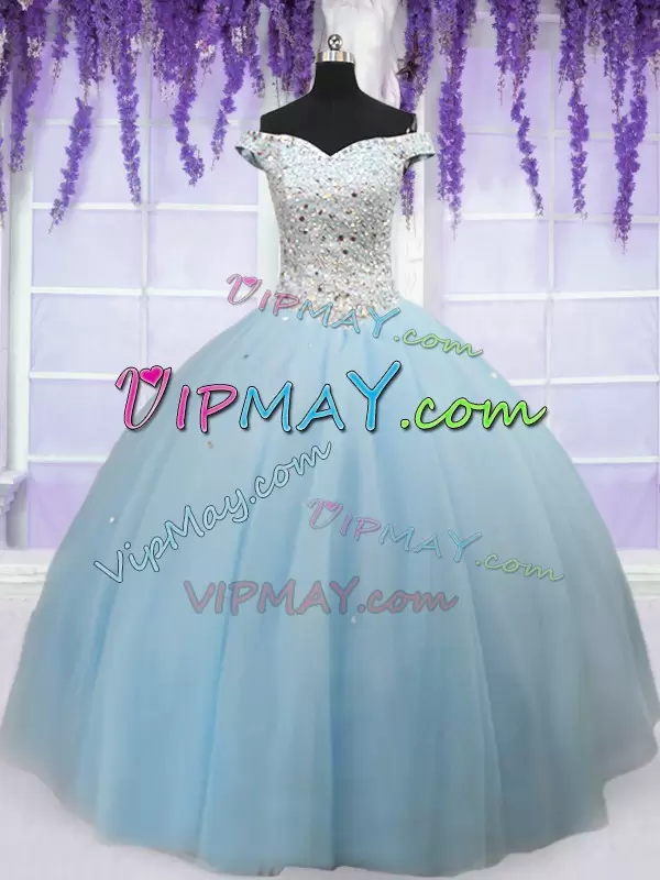 Off The Shoulder Sleeveless Sweet 16 Quinceanera Dress Floor Length Beading Light Blue Tulle