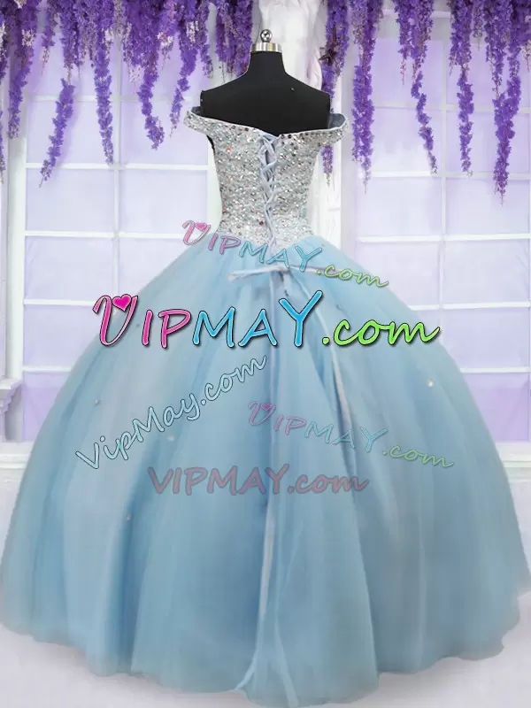 Off The Shoulder Sleeveless Sweet 16 Quinceanera Dress Floor Length Beading Light Blue Tulle