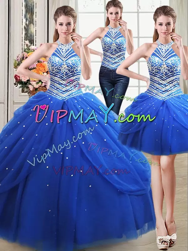 Tulle Halter Top Sleeveless Lace Up Beading and Pick Ups Sweet 16 Quinceanera Dress in Royal Blue