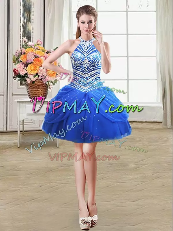 Tulle Halter Top Sleeveless Lace Up Beading and Pick Ups Sweet 16 Quinceanera Dress in Royal Blue