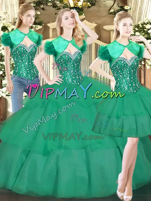 Decent Floor Length Turquoise Quinceanera Gowns Tulle Sleeveless Beading and Ruffled Layers