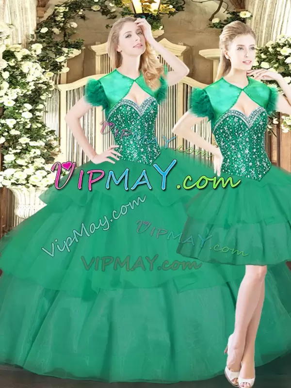 Decent Floor Length Turquoise Quinceanera Gowns Tulle Sleeveless Beading and Ruffled Layers