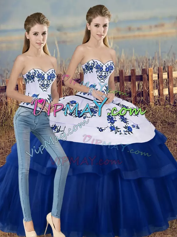 Low Price Royal Blue Sleeveless Embroidery and Bowknot Floor Length 15th Birthday Dress