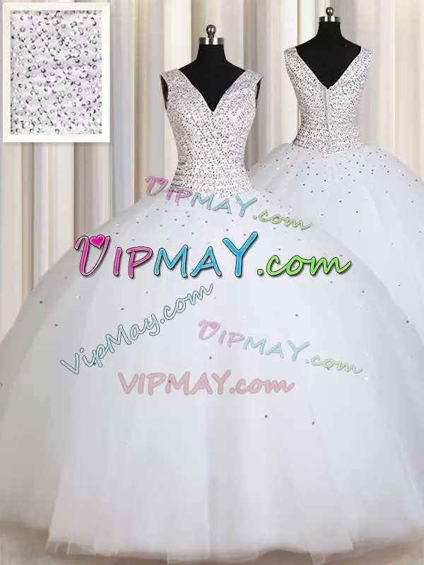 Enchanting Tulle Straps Sleeveless Zipper Beading and Sequins 15 Quinceanera Dress in White