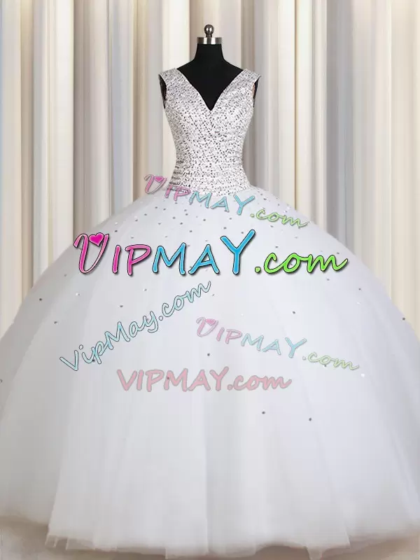 Enchanting Tulle Straps Sleeveless Zipper Beading and Sequins 15 Quinceanera Dress in White