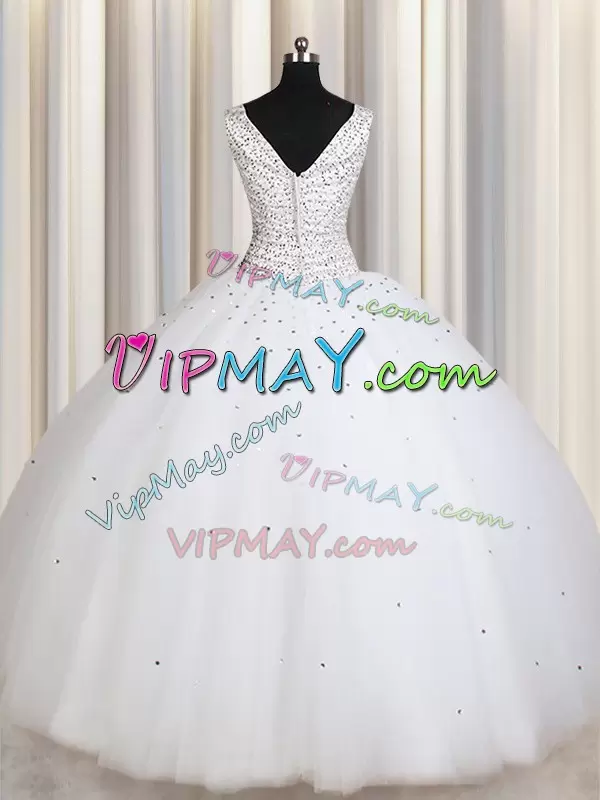 Enchanting Tulle Straps Sleeveless Zipper Beading and Sequins 15 Quinceanera Dress in White