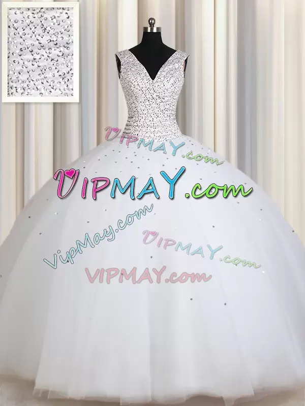 Enchanting Tulle Straps Sleeveless Zipper Beading and Sequins 15 Quinceanera Dress in White