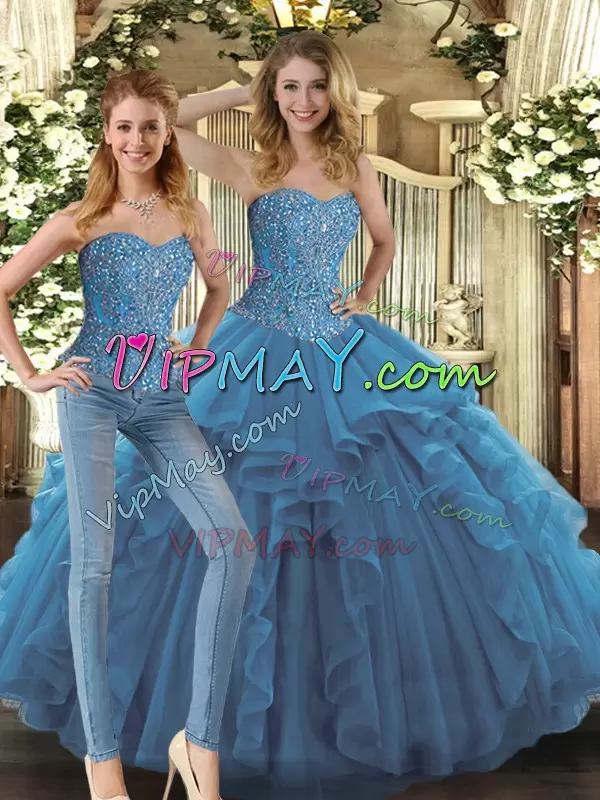 Sleeveless Tulle Floor Length Lace Up 15 Quinceanera Dress in Teal with Beading and Ruffles