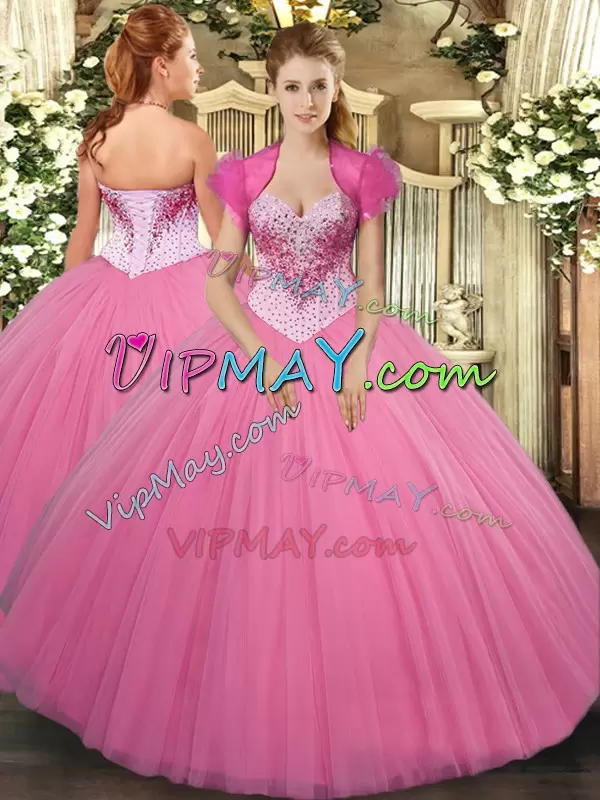 Beading Quinceanera Gown Rose Pink Lace Up Sleeveless Floor Length