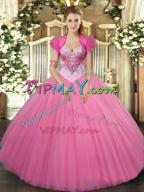 Beading Quinceanera Gown Rose Pink Lace Up Sleeveless Floor Length