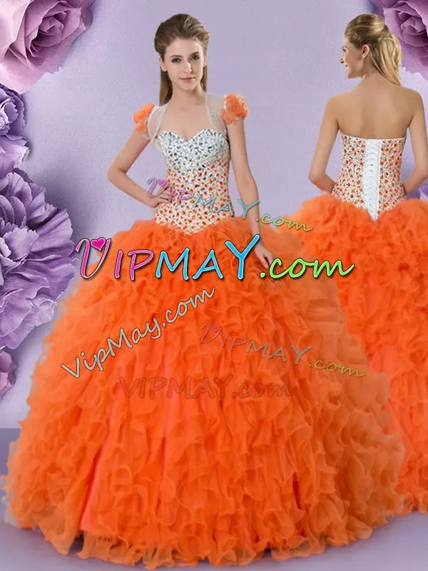 Beading and Ruffles Quinceanera Dresses Orange Red Lace Up Sleeveless Floor Length