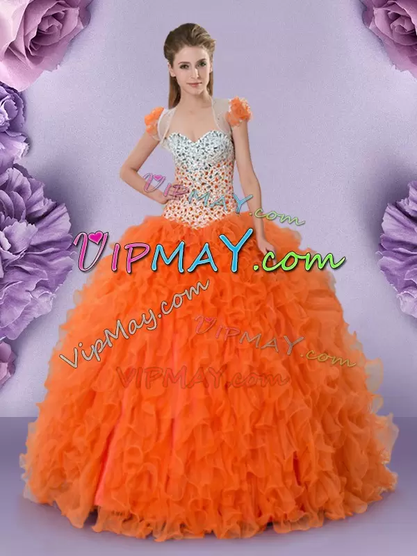 Beading and Ruffles Quinceanera Dresses Orange Red Lace Up Sleeveless Floor Length