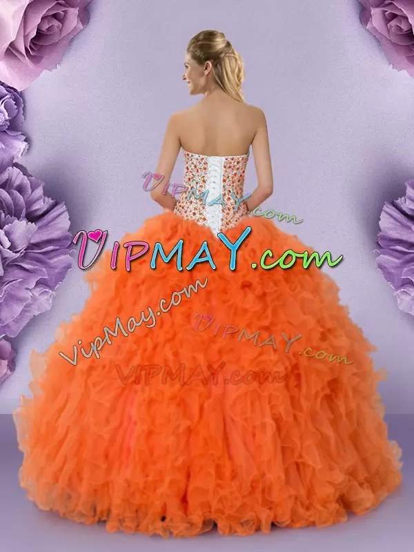 Beading and Ruffles Quinceanera Dresses Orange Red Lace Up Sleeveless Floor Length