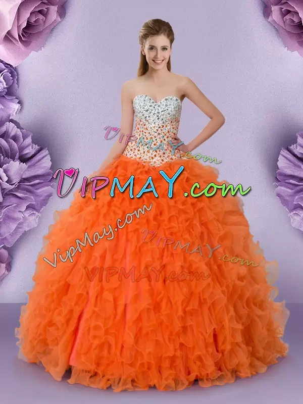 Beading and Ruffles Quinceanera Dresses Orange Red Lace Up Sleeveless Floor Length