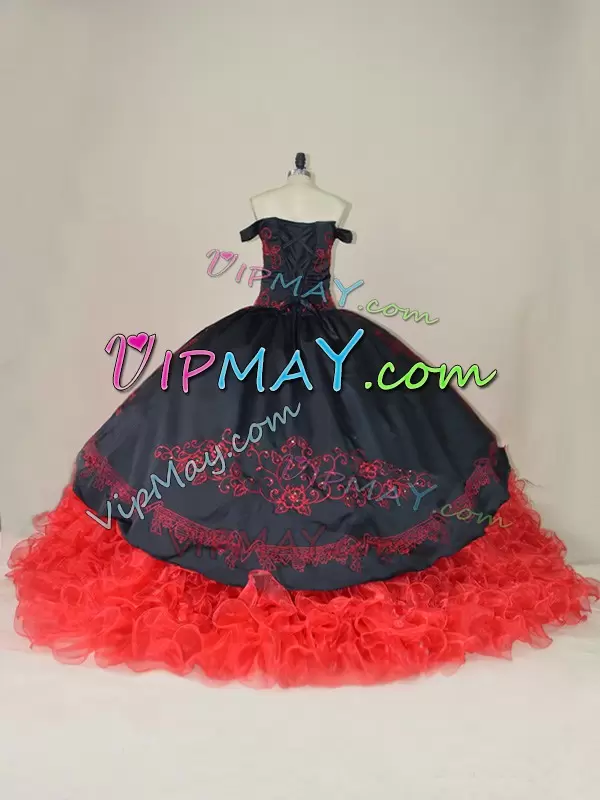 Custom Made Red And Black Ball Gowns Satin and Organza Off The Shoulder Sleeveless Embroidery and Ruffles Sweet 16 Dresses with Brush Train