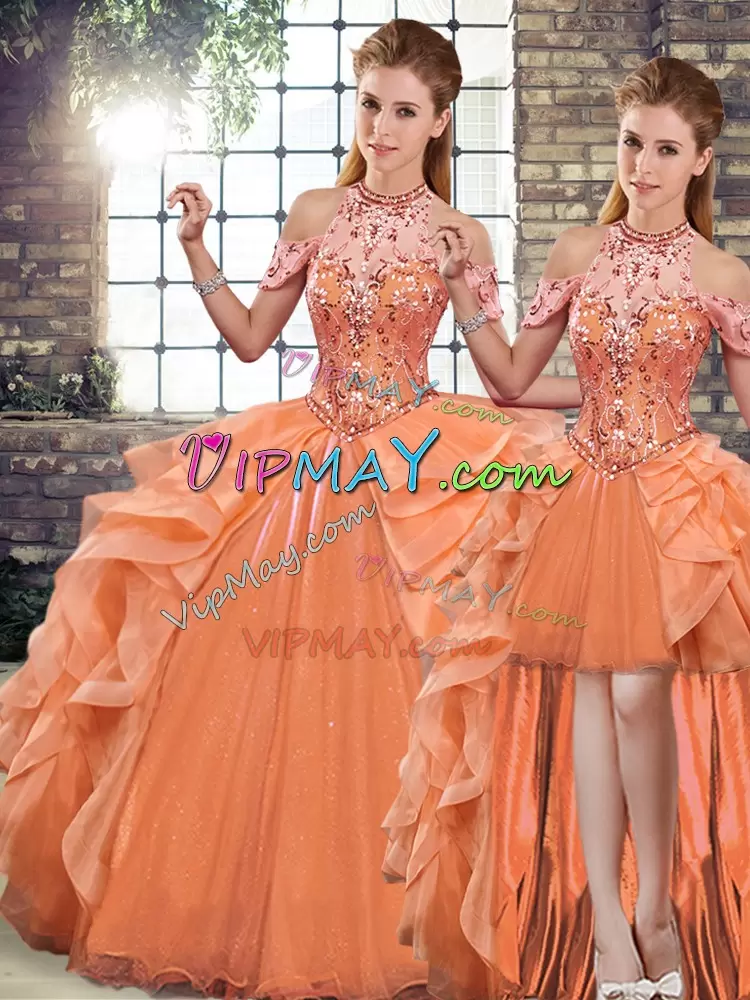 Orange Three Pieces Beading and Ruffles Quinceanera Dresses Lace Up Organza Sleeveless Floor Length