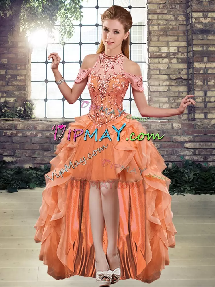 Orange Three Pieces Beading and Ruffles Quinceanera Dresses Lace Up Organza Sleeveless Floor Length