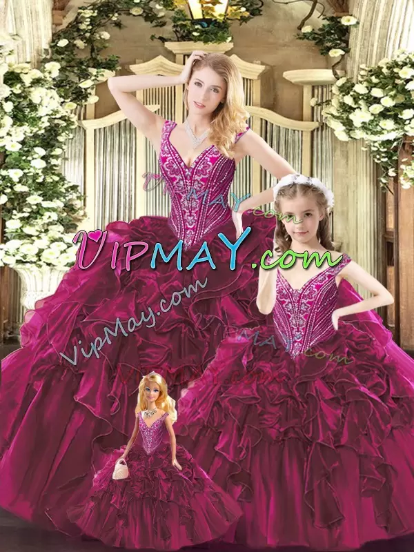 Sleeveless Straps Beading and Ruffles Lace Up 15th Birthday Dress