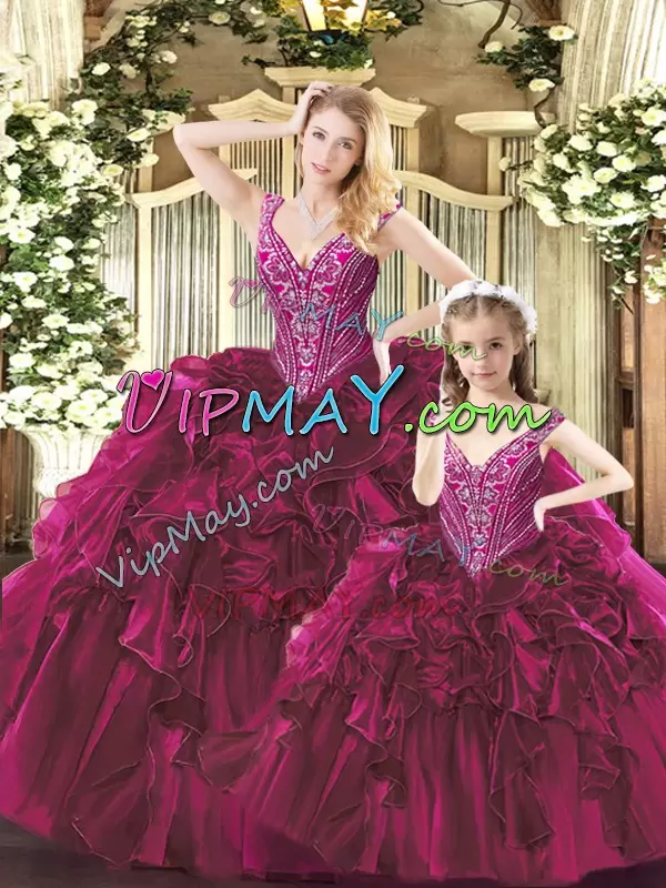 Sleeveless Straps Beading and Ruffles Lace Up 15th Birthday Dress