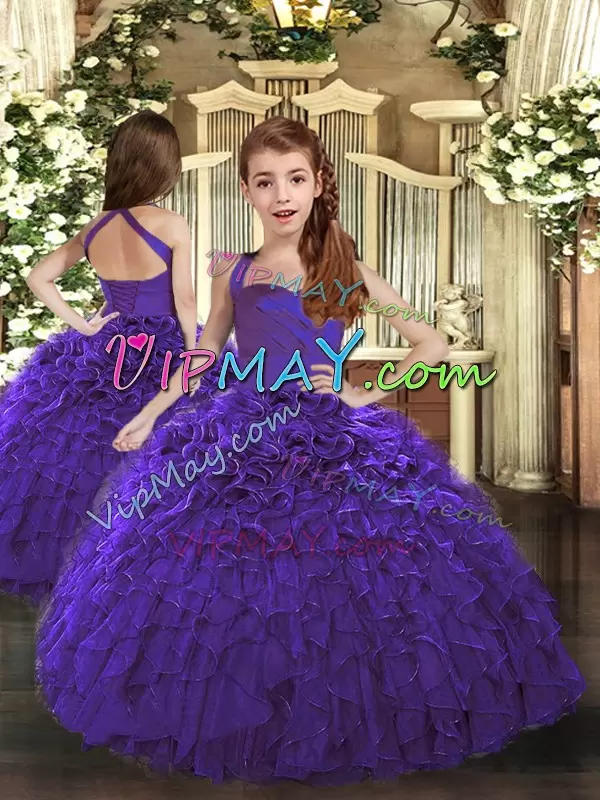 Purple Sleeveless Floor Length Ruffles Lace Up Quince Ball Gowns Halter Top