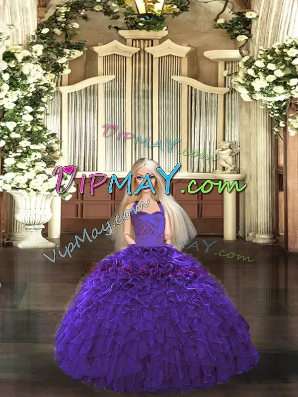 Purple Sleeveless Floor Length Ruffles Lace Up Quince Ball Gowns Halter Top