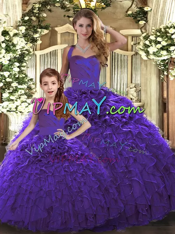 Purple Sleeveless Floor Length Ruffles Lace Up Quince Ball Gowns Halter Top