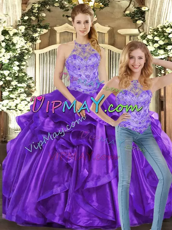 Captivating Purple Quince Ball Gowns Sweet 16 and Quinceanera with Beading and Ruffles Halter Top Sleeveless Lace Up