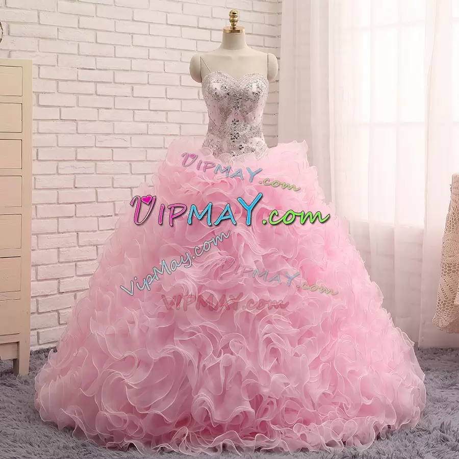 Top Selling Baby Pink Sleeveless Brush Train Beading and Ruffles With Train Vestidos de Quinceanera