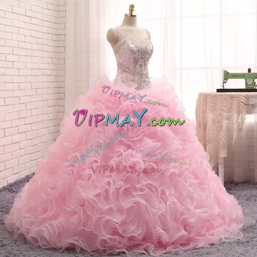 Top Selling Baby Pink Sleeveless Brush Train Beading and Ruffles With Train Vestidos de Quinceanera