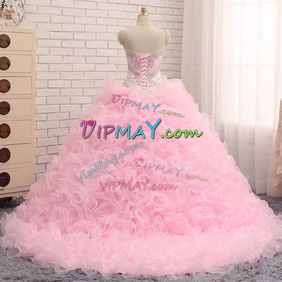 Top Selling Baby Pink Sleeveless Brush Train Beading and Ruffles With Train Vestidos de Quinceanera