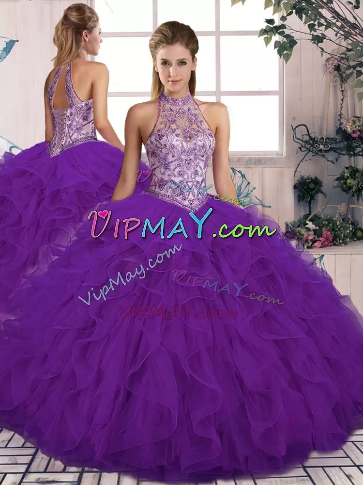 Attractive Purple Tulle Lace Up 15 Quinceanera Dress Sleeveless Floor Length Beading and Ruffles