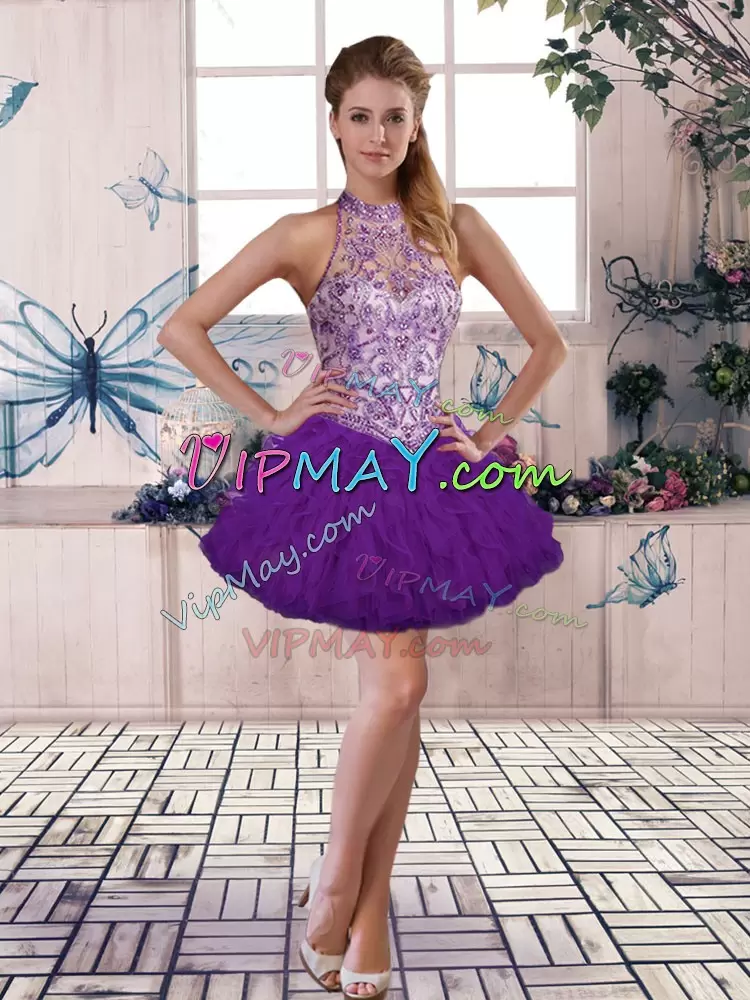 Attractive Purple Tulle Lace Up 15 Quinceanera Dress Sleeveless Floor Length Beading and Ruffles