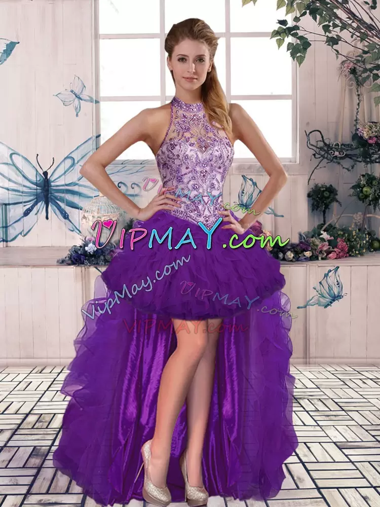 Attractive Purple Tulle Lace Up 15 Quinceanera Dress Sleeveless Floor Length Beading and Ruffles