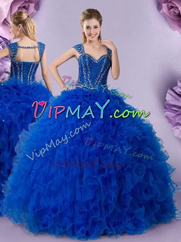 Royal Blue Lace Up Straps Beading and Ruffles Vestidos de Quinceanera Tulle Cap Sleeves