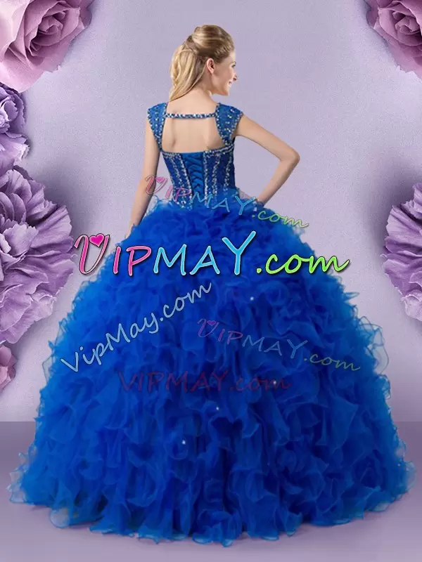 Royal Blue Lace Up Straps Beading and Ruffles Vestidos de Quinceanera Tulle Cap Sleeves