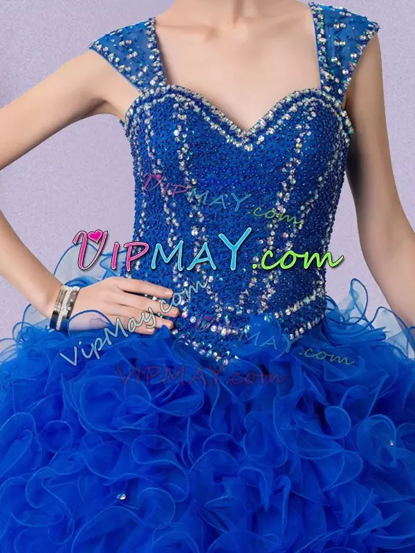 Royal Blue Lace Up Straps Beading and Ruffles Vestidos de Quinceanera Tulle Cap Sleeves