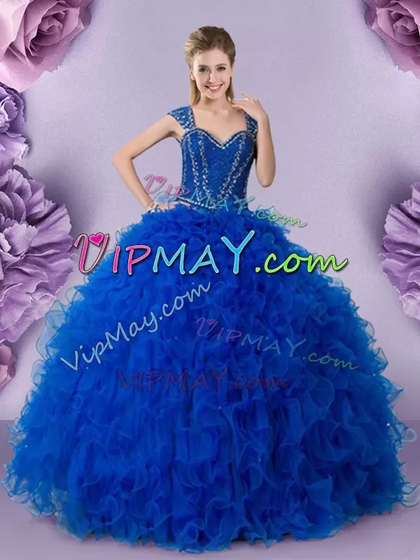 Royal Blue Lace Up Straps Beading and Ruffles Vestidos de Quinceanera Tulle Cap Sleeves