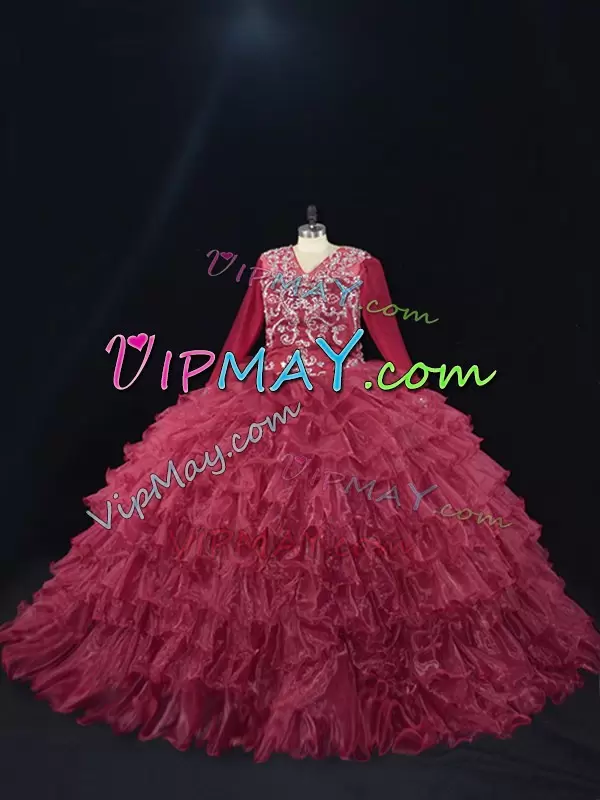 Spectacular Burgundy Ball Gowns Ruffled Layers Quince Ball Gowns Lace Up Organza Long Sleeves Floor Length