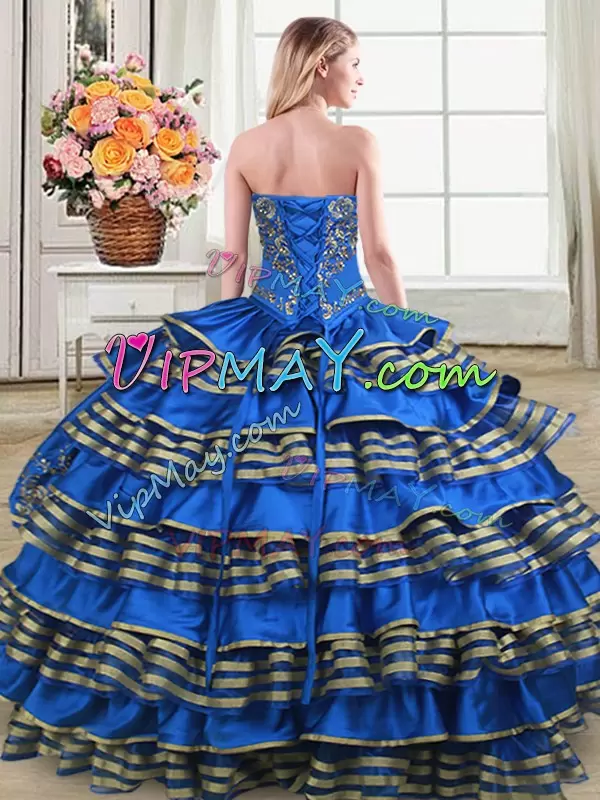 Floor Length Lace Up 15th Birthday Dress Royal Blue for Sweet 16 and Quinceanera with Embroidery and Ruffled Layers