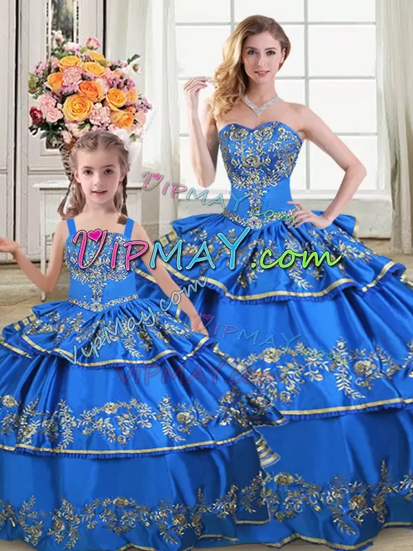 Floor Length Lace Up 15th Birthday Dress Royal Blue for Sweet 16 and Quinceanera with Embroidery and Ruffled Layers