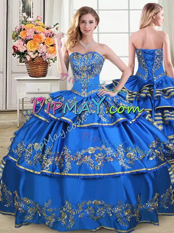Floor Length Lace Up 15th Birthday Dress Royal Blue for Sweet 16 and Quinceanera with Embroidery and Ruffled Layers