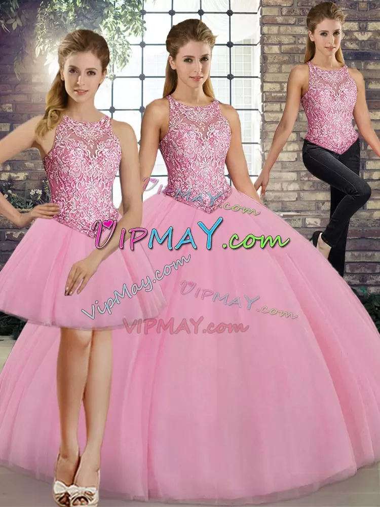 Tulle Sleeveless Floor Length Quinceanera Dresses and Embroidery