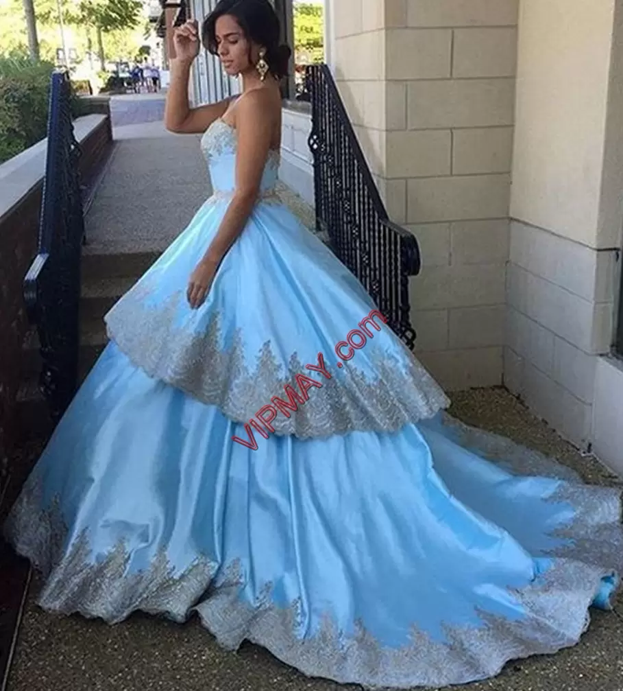 Admirable Ball Gowns Sleeveless Light Blue Ball Gown Prom Dress Brush Train