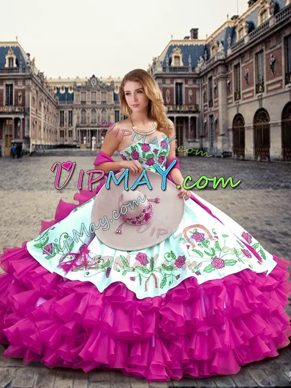 Designer Fuchsia Sweetheart Neckline Embroidery and Ruffled Layers Vestidos de Quinceanera Sleeveless Lace Up
